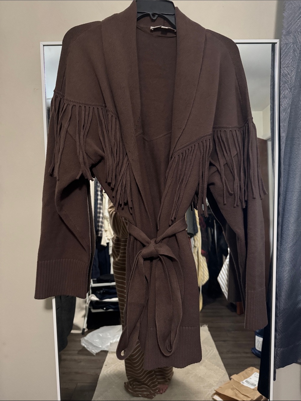 LOFT Brown Fringe Tie-Front Cardigan Sweater